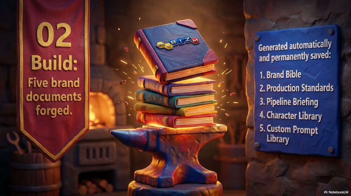 Five brand documents forged on an anvil — Brand Bible and four supporting documents