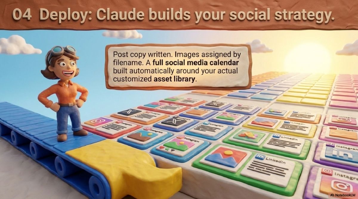 Wanda standing at a conveyor belt of social media posts — a full calendar built automatically