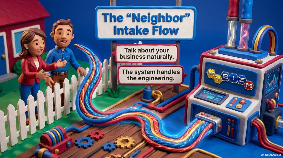 Wanda and neighbor talking naturally while the MyBIZm machine handles the intake flow