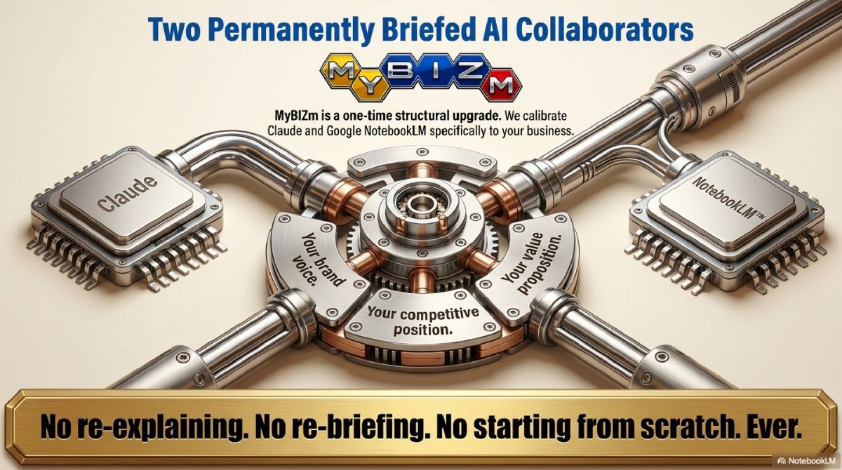 Claude and NotebookLM chips permanently connected to the MyBIZm hub — two briefed AI collaborators