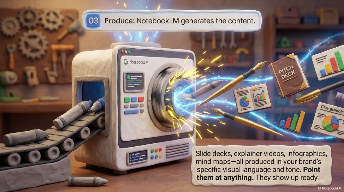 NotebookLM machine generating slide decks, videos, and infographics with sparks flying