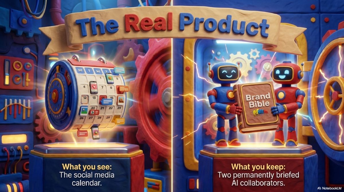 The Real Product — what you see is the social media calendar. What you keep is two permanently briefed AI collaborators holding your Brand Bible.
