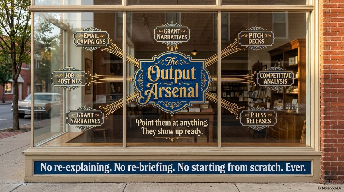 The Output Arsenal — point your two AI collaborators at anything. Email campaigns, grant narratives, pitch decks, job postings, competitive analysis, press releases. They show up ready.