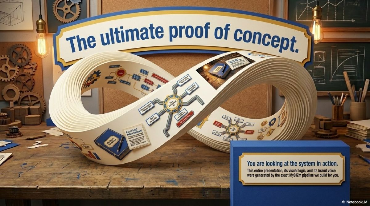 The ultimate proof of concept — this entire presentation, its visual logic, and its brand voice were generated by the exact MyBIZm pipeline we build for you. You are looking at the system in action.