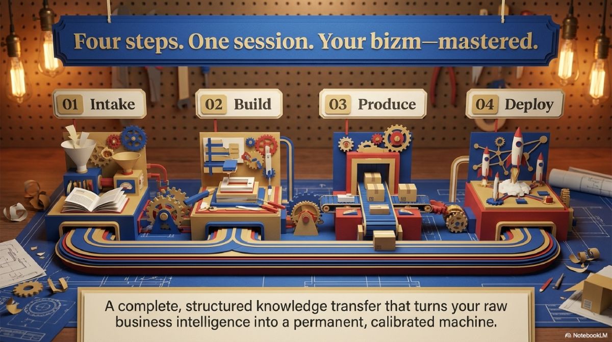 Four steps to MyBIZm mastery: Intake, Build, Produce, Deploy — a complete structured knowledge transfer system that turns business intelligence into finished content.