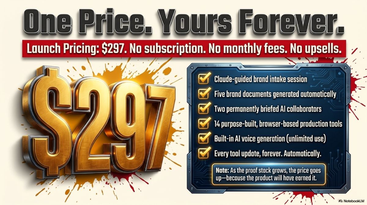 One Price. Yours Forever. $297 launch pricing — no subscription, no monthly fees, no upsells.